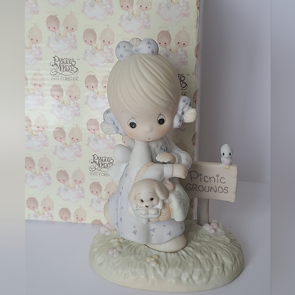 Vintage 80s Precious Moments July Girl Puppy Collectible Porcelain Figurine